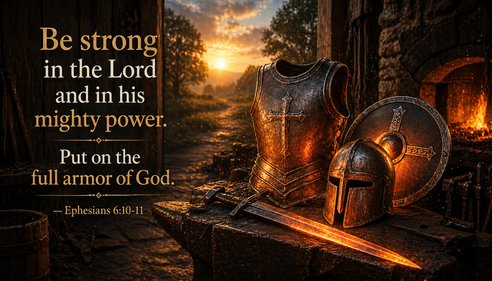 Bible verse wallpaper Ephesians 6:10-11 with blacksmith workshop at dawn showing breastplate helmet shield sword on anvil